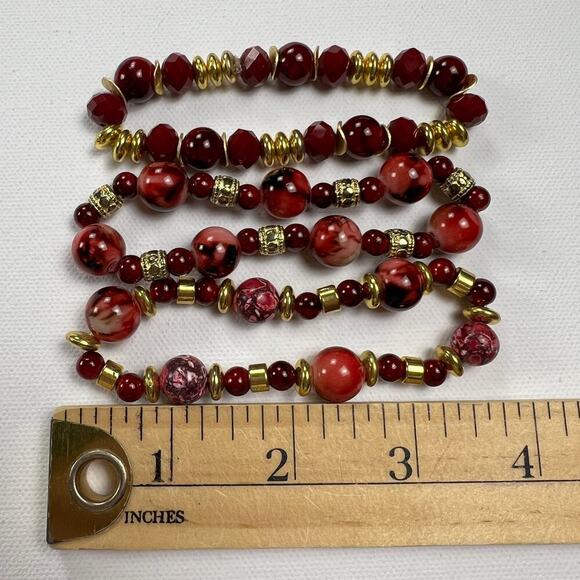 Handmade Beaded Bracelet Trio Reds and Gold Marbled Opaque Faceted Metal Beads - Picture 4 of 5